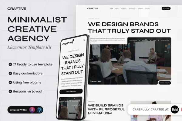 Craftive minimalist creative agency Elementor template kit preview