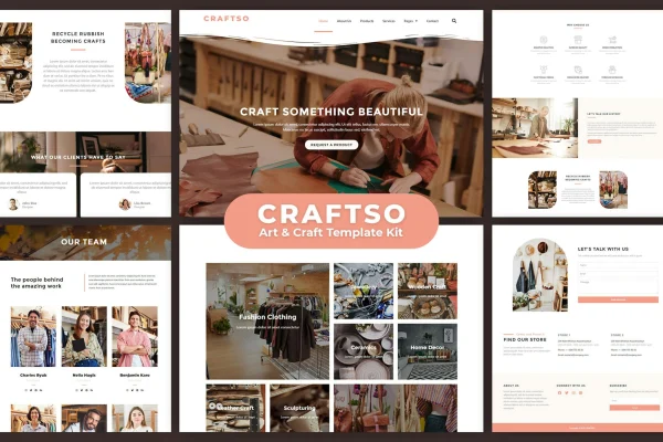 Craftso crafting Elementor template kit cover showing artisan website page layouts