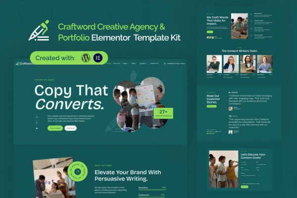 Craftword Elementor template kit preview for a creative agency and copywriting portfolio