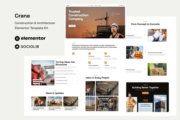 Crane construction and architecture Elementor template kit preview