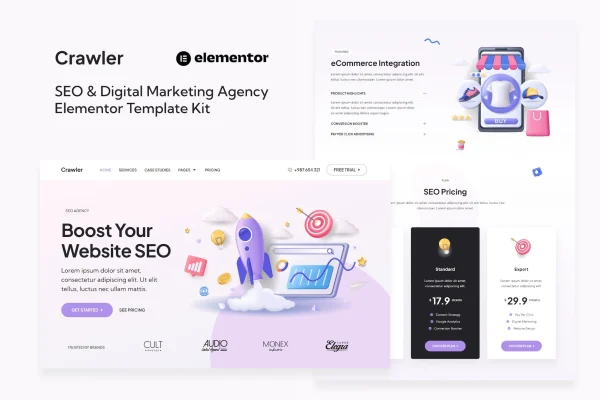 Crawler SEO and digital marketing agency Elementor template kit preview