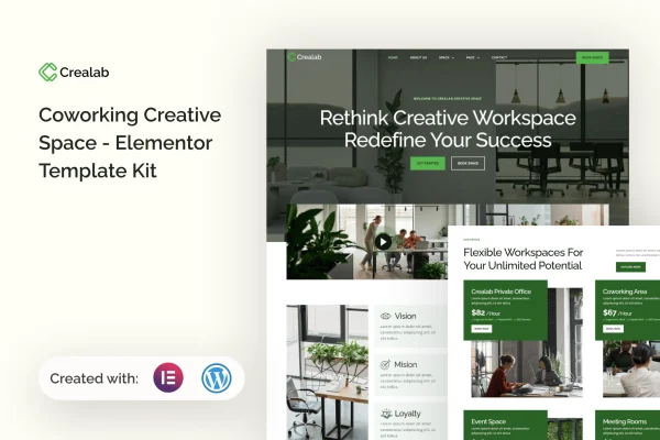 Crealab coworking creative space Elementor template kit preview