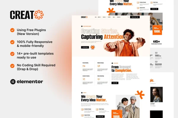 Creat creative agency and portfolio Elementor template kit preview