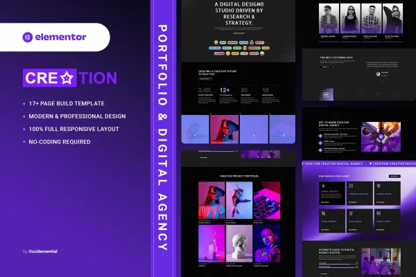 Creation portfolio and digital agency Elementor template kit preview