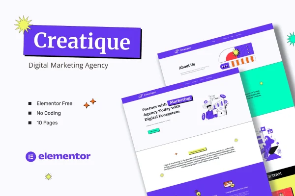 Creatique digital marketing agency Elementor template kit page previews