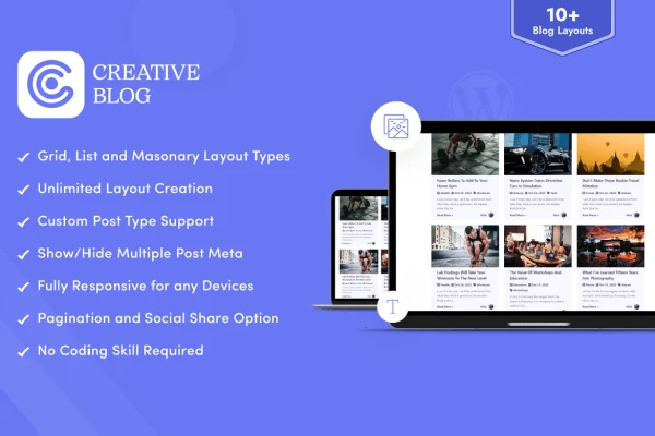 Creative Blog Designer Bundle plugin banner with sample blog post layouts