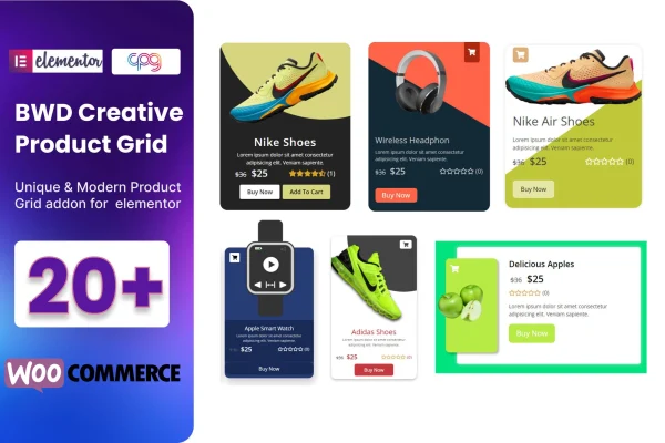 Creative Products Grid plugin banner showing WooCommerce product grid layouts for Elementor
