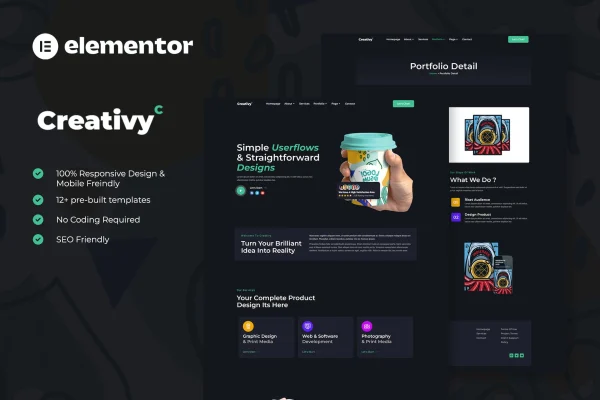 Creativy creative agency and portfolio Elementor template kit preview