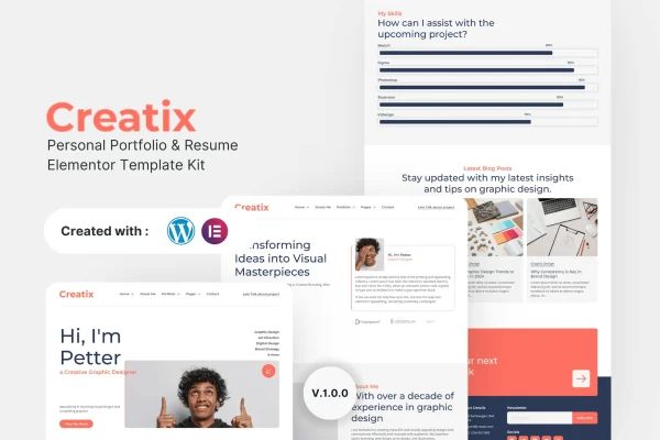 Creatix personal portfolio and resume Elementor template kit preview