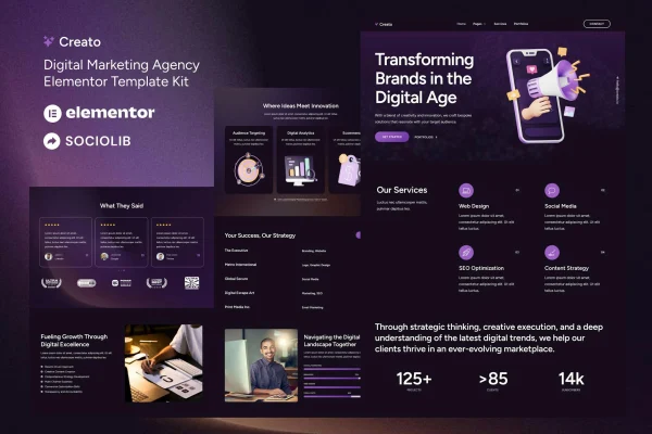 Creato digital marketing agency Elementor template kit preview with dark page layouts