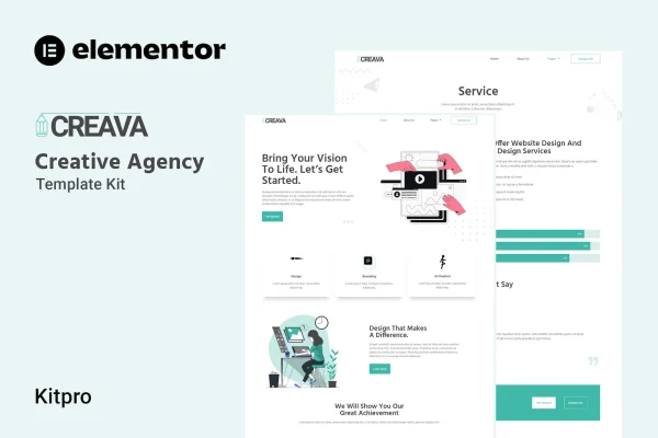 Creava creative agency Elementor template kit page previews