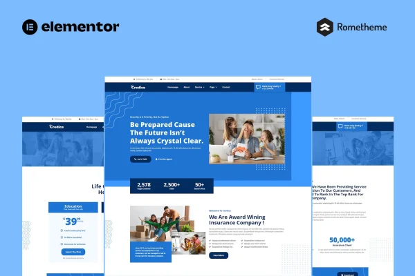 Credice insurance agency Elementor template kit cover showing website page layouts