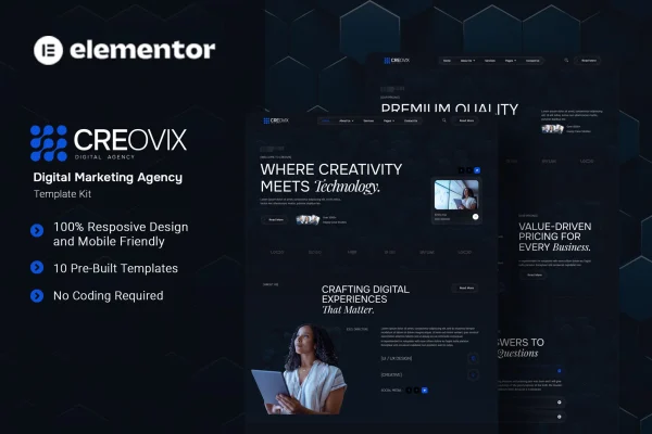 Creovix digital marketing agency Elementor template kit cover image