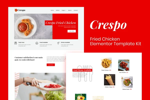 Crespo fast food restaurant Elementor template kit cover showing website page layouts