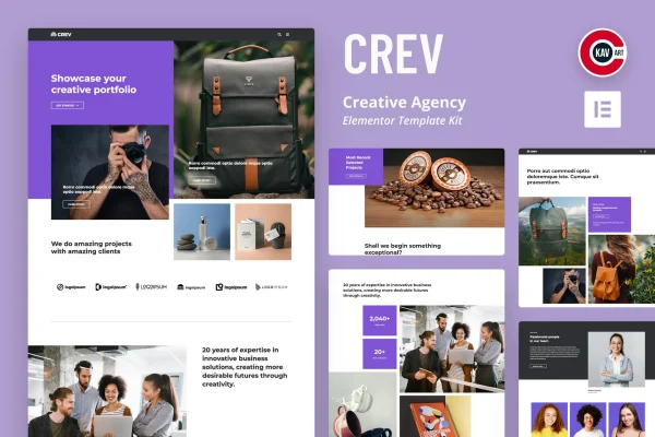 Crev creative agency Elementor template kit cover with page layout previews