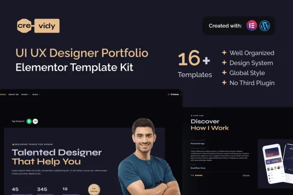 Crevidy UI UX designer portfolio Elementor template kit preview