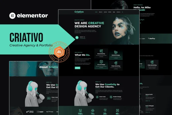 Criativo creative agency and portfolio Elementor template kit preview with dark page layouts