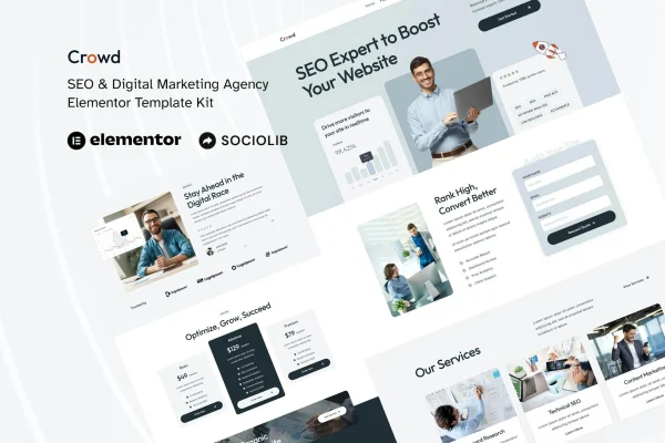 Crowd SEO and digital marketing agency Elementor template kit preview
