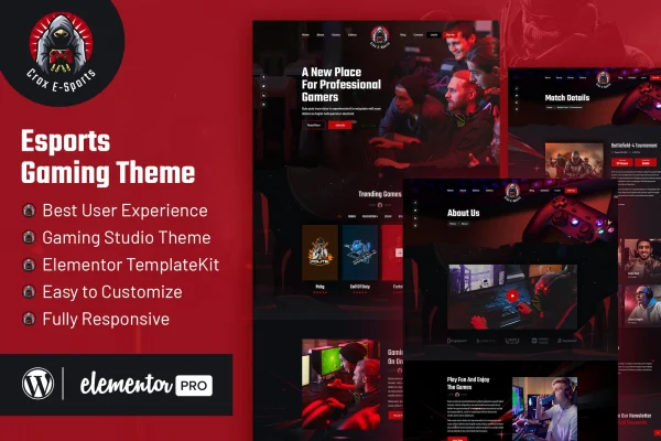CROX esports and gaming Elementor template kit preview showing gaming website page layouts