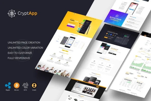 CryptApp Landing Page cryptocurrency WordPress theme preview