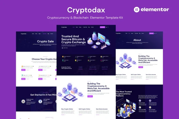 Cryptodax cryptocurrency and blockchain Elementor template kit preview