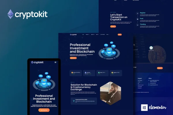 Cryptokit Elementor template kit preview with dark cryptocurrency website layouts