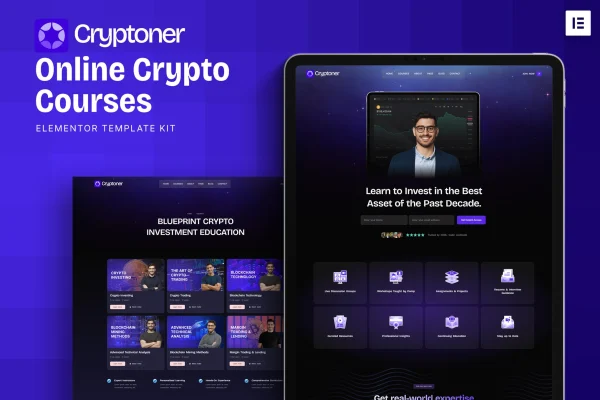 Cryptoner online crypto courses Elementor template kit preview