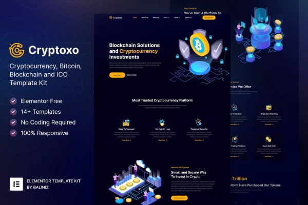 Cryptoxo cryptocurrency and blockchain Elementor template kit preview with dark design