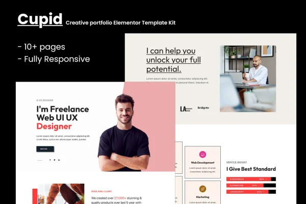 Cupid creative portfolio Elementor template kit cover showing minimal page designs