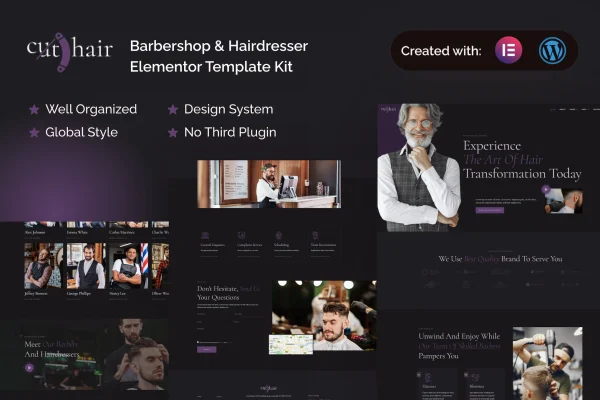 Cuthair barbershop and hairdresser Elementor Pro template kit preview