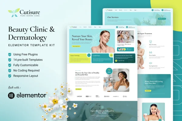 Cutisure beauty clinic and dermatology Elementor template kit preview