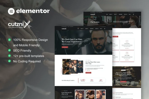 Cutznix barbershop and hair salon Elementor template kit preview