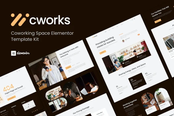 Cworks coworking space Elementor template kit page previews