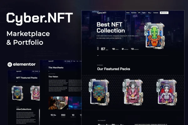 Cyber.NFT Marketplace & Portfolio Elementor Template Kit preview with dark NFT style page layouts
