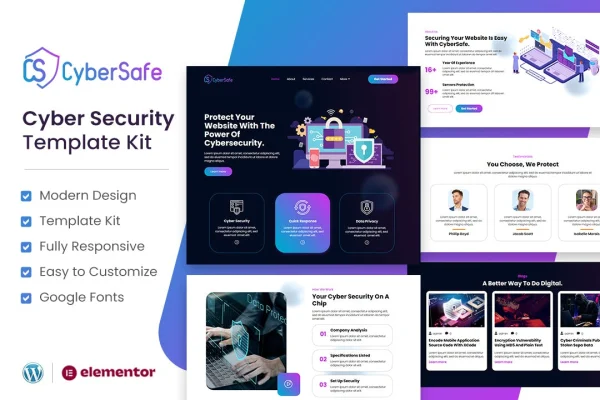 CyberSafe cyber security Elementor template kit preview