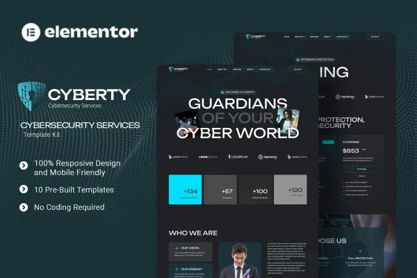 Cyberty cyber security Elementor template kit cover showing page designs