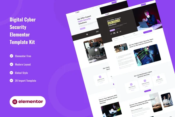 Cybra cyber security Elementor template kit preview showing page layouts