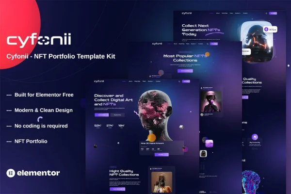 Cyfonii NFT digital asset agency portfolio Elementor template kit preview