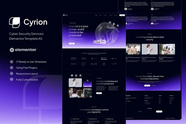 Cyrion cyber security services Elementor template kit preview showing website page layouts