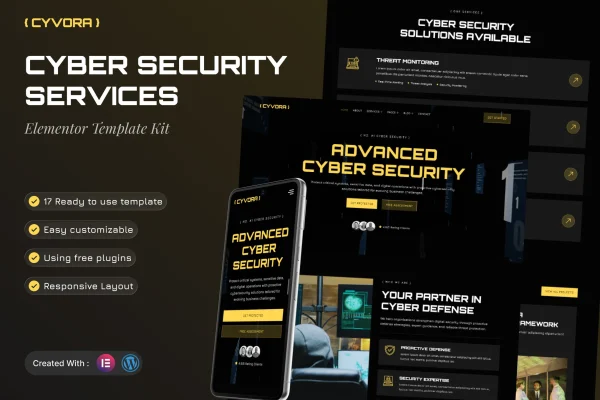 Cyvora cyber security services Elementor template kit preview