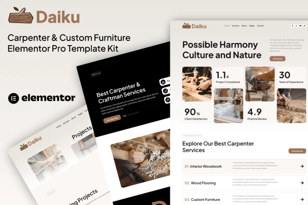 Daiku carpenter and custom furniture Elementor template kit preview