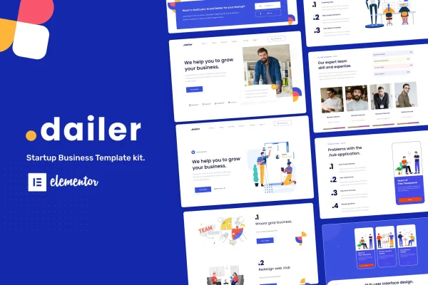 Dailer startup Elementor template kit preview showing modern business page layouts