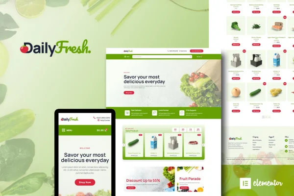 DailyFresh grocery store Elementor template kit preview