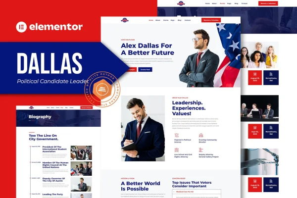 Dallas political candidate Elementor template kit preview showing campaign website pages