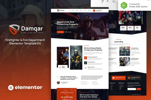 Damqar firefighter and fire department Elementor template kit preview