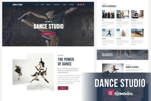 Dance Studio Elementor template kit preview showing dance school website pages