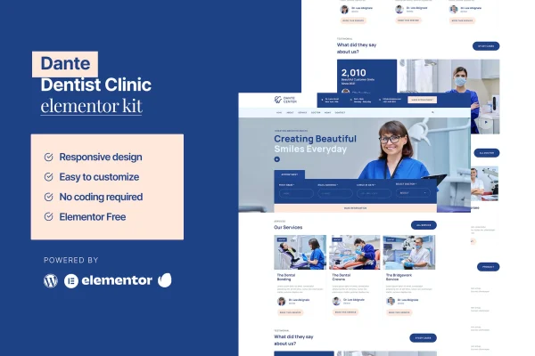 Dante dentist and dental clinic Elementor template kit preview