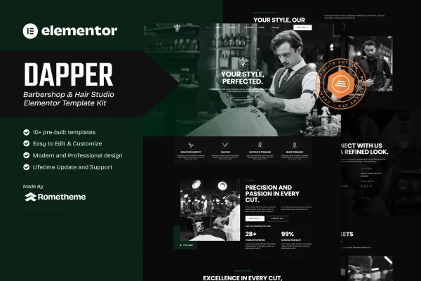 Dapper barbershop and hair studio Elementor template kit preview