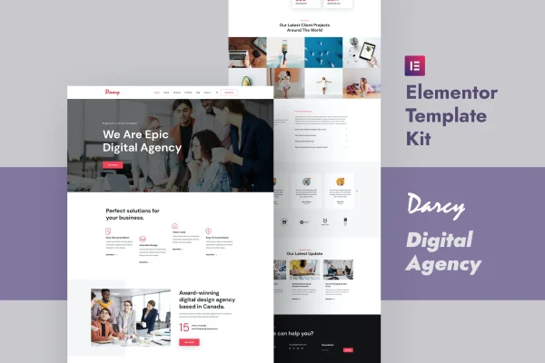 Darcy creative agency Elementor template kit preview showing website page layouts