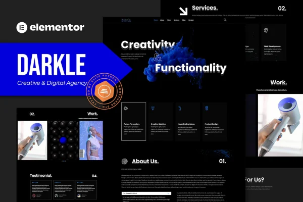 Darkle creative and digital agency Elementor template kit cover with dark page previews